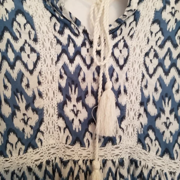 Beachlunchlounge blue white tassel tie neckline flutter sleeve SZ Med - Picture 3 of 5